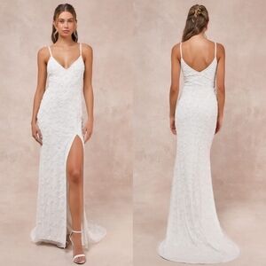 Lulus Luxe BridalEverlasting Vows White Beaded Sequin Mermaid Maxi Dress Party